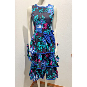 Vtg 80s Maggie Breen Floral Bow Sleeveless Party Dress Sz 6 Ruffle Tiered Skirt